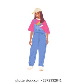 Trendy fashion young teenager girl cartoon character wearing casual 90s clothing standing on white