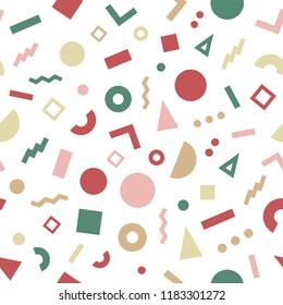 Trendy fashionable abstract shapes seamless pattern, background, tender soft colors, gold, pink, green, red.