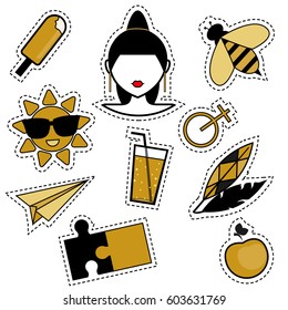 Trendy fashionable pins, patches, badges, stickers, flash tattoos in black and golden colors. Isolated design elements for woman and girls. Trendy style