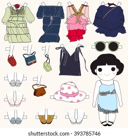 Trendy Fashionista Girl Character Paper Doll Design illustration set