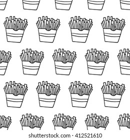 Trendy fast food pattern with hand drawn french fries. Cute vector black and white fast food pattern. Seamless monochrome fast food pattern for fabric, wallpapers, wrapping paper and web backgrounds.