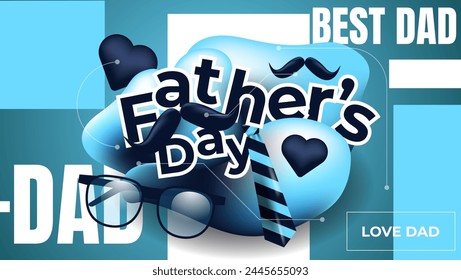 trendy father's day card with abstract fluid shapes, tie, moustache and glasses.vector illustration