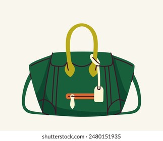 Trendy female bag. Stylish green clutch for women. Beauty, elegance and aesthetics, fashion. Fashionable accessory. Social media sticker. Cartoon flat vector illustration isolated on white background