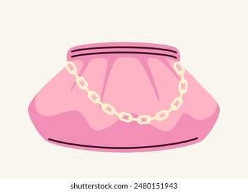 Trendy female bag. Stylish pink purse for women. Beauty, elegance and aesthetics, fashion. Fashionable accessory. Poster or banner. Cartoon flat vector illustration isolated on white background