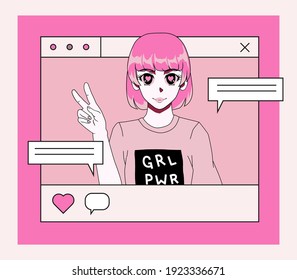 Trendy female blogger character, content maker. Concept of online personal journal or diary, social network. Illustration in pop art anime style.