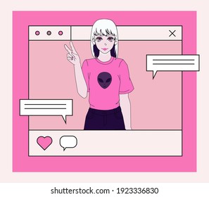 Trendy female blogger character, content maker. Concept of online personal journal or diary, social network. Illustration in pop art anime style.