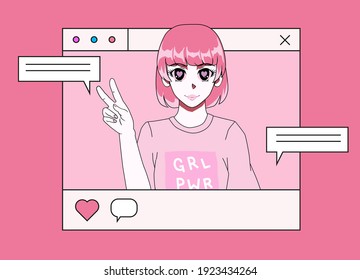 Trendy female blogger character, content maker. Concept of online personal journal or diary, social network. Illustration in pop art anime style.