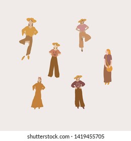 Trendy female character in fashion clothes. Flat pastel colored.  Fashion modern concept. Young cute girls or woman.