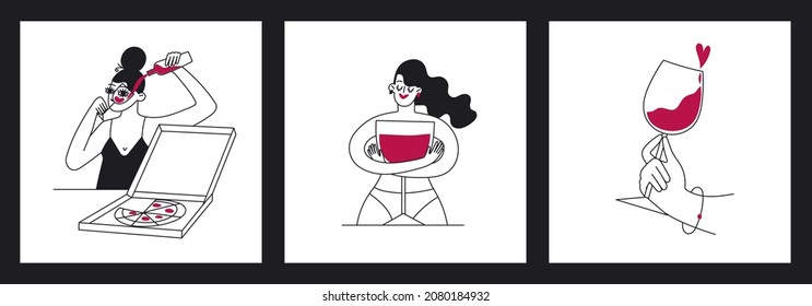 Trendy female characters illustration drinking red wine and eating pizza. Wine lover concept. Doodle woman holding wineglass and bottle of wine. Isolated vector illustration.Modern print design.