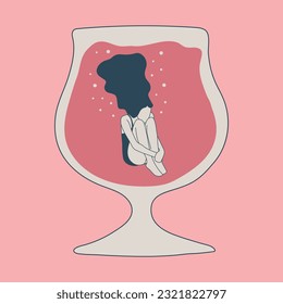 Trendy female characters swimming jumping into the glass.People suffering from hard drinking. Concept illustration with depressed characters sink in various alcohol glasses. 