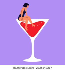  Trendy female characters swimming jumping into the glass.People suffering from hard drinking. Concept illustration with depressed characters sink in various alcohol glasses.
