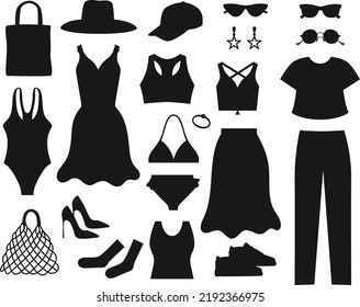 Trendy female clothes beach clothes shoes dress Vector Silhouettes