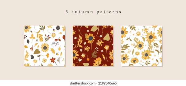 Trendy female floral Autumn mood seamless pattern collection. Fall flower aesthetic. Late summer sunflower pattern set. Vector hand drawn floristic bundle. Wallpaper, wrapping paper, background, tile