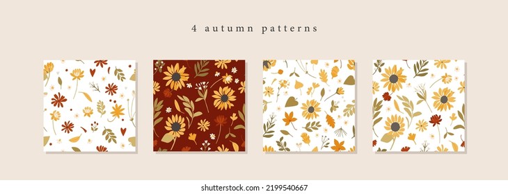 Trendy female floral Autumn mood seamless pattern collection. Fall flower aesthetic. Late summer sunflower pattern set. Vector hand drawn floristic bundle. Wallpaper, wrapping paper, background, tile