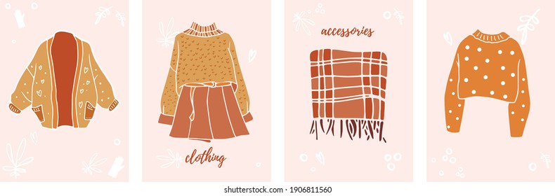 Trendy female outlook, clothing and accessories set. Modern hand drawn colorful collection forwomen's . Trendy look top down view. Modern illustration. Vector illustration