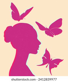 Trendy female silhouette risograph style. Vector illustration in a modern minimalist style with Riso print effect.Print, logo, poster templates, tattoo idea, advertising, fabric print SHOTLISTretro.
