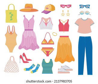 Trendy female summer clothes flat vector illustrations set. Collection of beach clothes, shoes and accessories, dress, skirt, hat, jeans or trousers on white background. Fashion, vacation concept