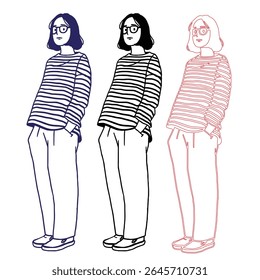 Trendy female vector characters in chic outfits, perfect for fashion blogs, branding, and social media templates. Editable and scalable for any project.