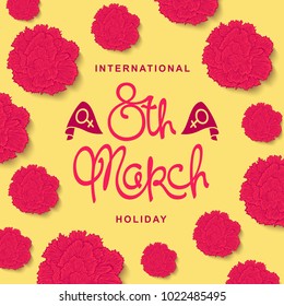 Trendy festive poster for the 8th March. Flowers composition of carnations in 80-90s style.
 Handwritten lettering. Vector illustration