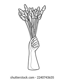 Trendy figurine vase with dried flowers. Black and white vector image. Coloring.