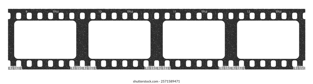 Trendy film strip frame template with four empty slots, cinema reel with grunge grain noisy texture, vintage aesthetic design. Modern retro vector illustration isolated on transparent background