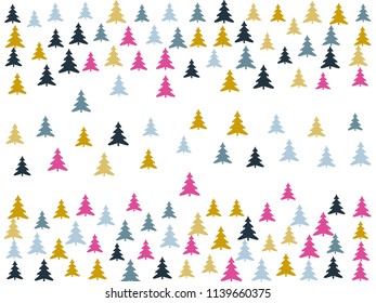 Trendy firs landscape for christmas card background. Forest panorama with pink gold blue christmas trees vector landscape illustration. Christmas background design with fir trees, spruce silhouettes.