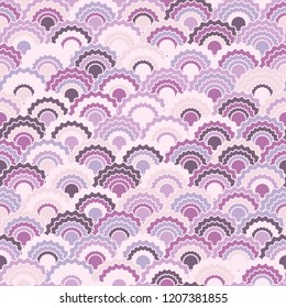 Trendy fish scales squama background, vector seamless fabric pattern, tiled textile print. Traditional chinese squama scales seamless arc tiles structure. Dragon skin violet pattern.