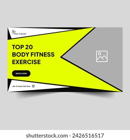 Trendy fitness body tips and tricks video cover banner design, body fitness training video tutorial video thumbnail banner design, fully customizable vector eps 10 file format