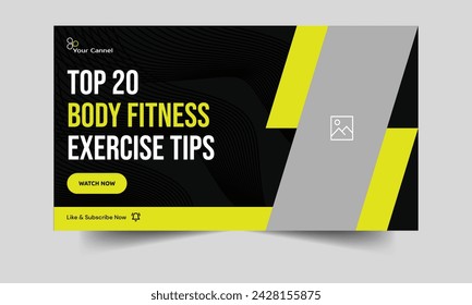 Consejos y trucos de fitness de moda video tutorial miniatura banner diseño, técnicas de plan de ejercicio diario video cover banner diseño, totalmente personalizable vector eps 10 formato de archivo