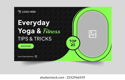 Trendy fitness tips and tricks video thumbnail banner design, everyday body fitness techniques video thumbnail banner design, fully customizable vector eps 10 file format