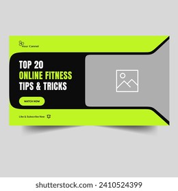 Trendy fitness video thumbnail banner design, everyday exercise tips and tricks video cover banner design, vector eps 10 file format