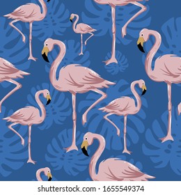 Trendy Flamingo Background. Tropical Pattern Seamless