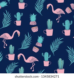 Trendy flamingo seamless pattern vector illustration with palm leaves, cactus, and pineapple.