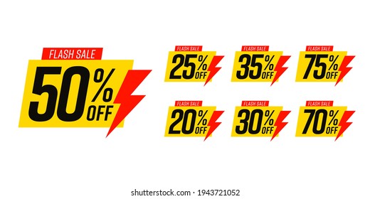 Trendy Flash Sale Yellow Label Different Clearance Value Set. 50, 20, 25, 30, 35, 70, 75 Percent Price Cut Out Badge With Lightning Bolt Decoration Vector Illustration Isolated On White Background