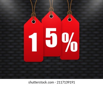 Trendy flat advertising with 15 percent discount price tag badge for promo design. Poster badge. Business design. Vector illustration