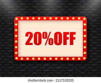 Trendy flat advertising with 20 percent discount retro light badge for promo design. Poster badge. Business design. Vector illustration