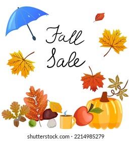 Trendy flat autumn sale banner with red and yellow leaves, umbrella, mug, pumpkin, mushroom, apple. Vector holiday illustration. Autumn decoration. Creative vector card. Illustration october.