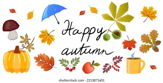 Trendy flat autumn set with red and yellow leaves, umbrella, mug, pumpkin, mushroom, apple. Vector holiday illustration. Autumn decoration. Creative vector illustration. Illustration october.