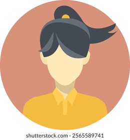 Trendy flat avatar of a woman with dark hair in a ponytail and yellow shirt on a peach background. Perfect for digital profiles, modern design, and lifestyle branding