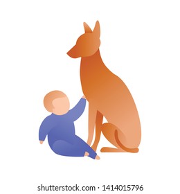 Trendy flat baby character vector cartoon illustration. Set of toddler and brown dog sitting isolated on white background. Child stretches to animal. Symbol of friendship and guardian.
