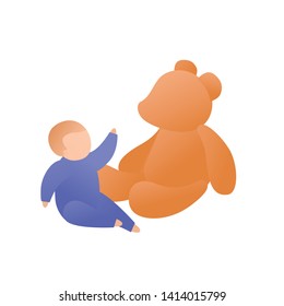 Trendy flat baby character vector cartoon illustration. Set of toddler and brown bear toy playing isolated on white background. Child stretches to animal.