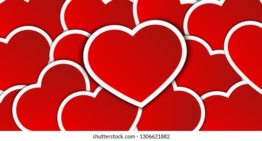 Trendy flat  background for Valentine's day - red hearts. Paper art vector illustration. Template, banner, flyer, cover, greeting card. EPS10.