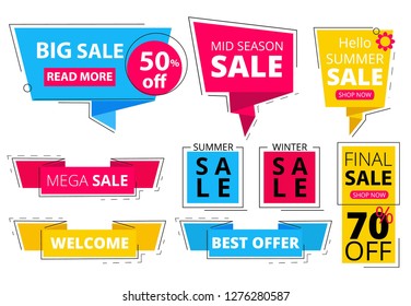 Trendy flat banners. Offers advertizing discount tags promo labels stickers graphic vector colored shapes