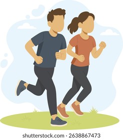 Trendy flat character design on runners couple full length isolated. Vector adult fitness man and woman running in summer outfits. Illustration in flat style