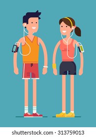 Trendy flat character design on runners couple full length isolated | Vector adult fitness man and woman standing smiling in summer outfits with music player earphones and phone arm holders 