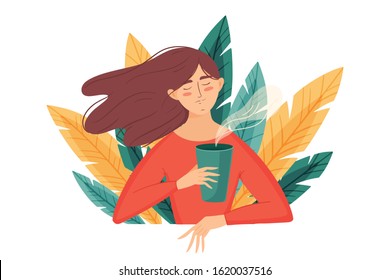 Trendy flat character girl with a cup of coffee or tea relaxing on the leaves background. Female cartoon character. Trendy vector lifestyle design illustration. Cozy hygge style.