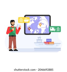 Trendy flat character illustration of cargo tracking, 