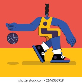 trendy flat character of a male basketball player with a ball, vector illustration