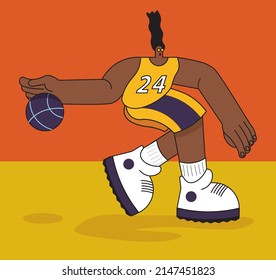trendy flat character of a male basketball player dribbling a ball, vector illustration
