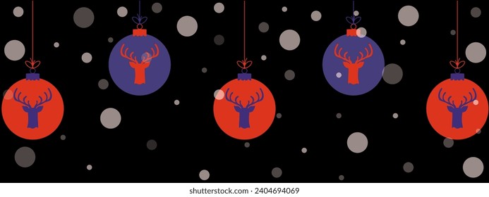 Trendy flat Christmas frame background with XMAS ball and golden Bokeh. Holiday horizontal poster with bright light. Vector illustration can used web pages, social media card in retro style.